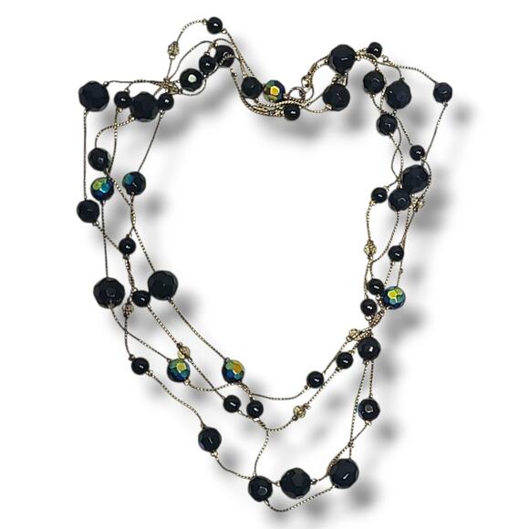 Vintage Extra Long Gold Tone Blue Black Peacock Beaded Station Necklace 72" - Picture 2 of 8